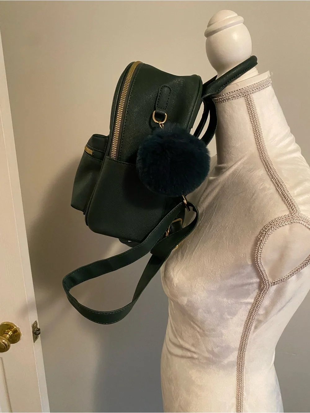 'Love' Embroidered Mini Backpack with Pom Accent in Dark Green